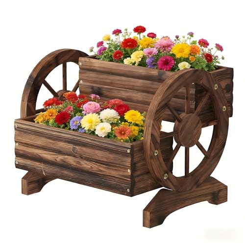 Wooden Wagon Planter Wooden Flower Cart with Wheels Outdoor Garden Planter, Decor Planter for Patio Balcony Decoration Succulent Flower Pot Flower Cart for Indoor Backyard Balcon (Carbonized)