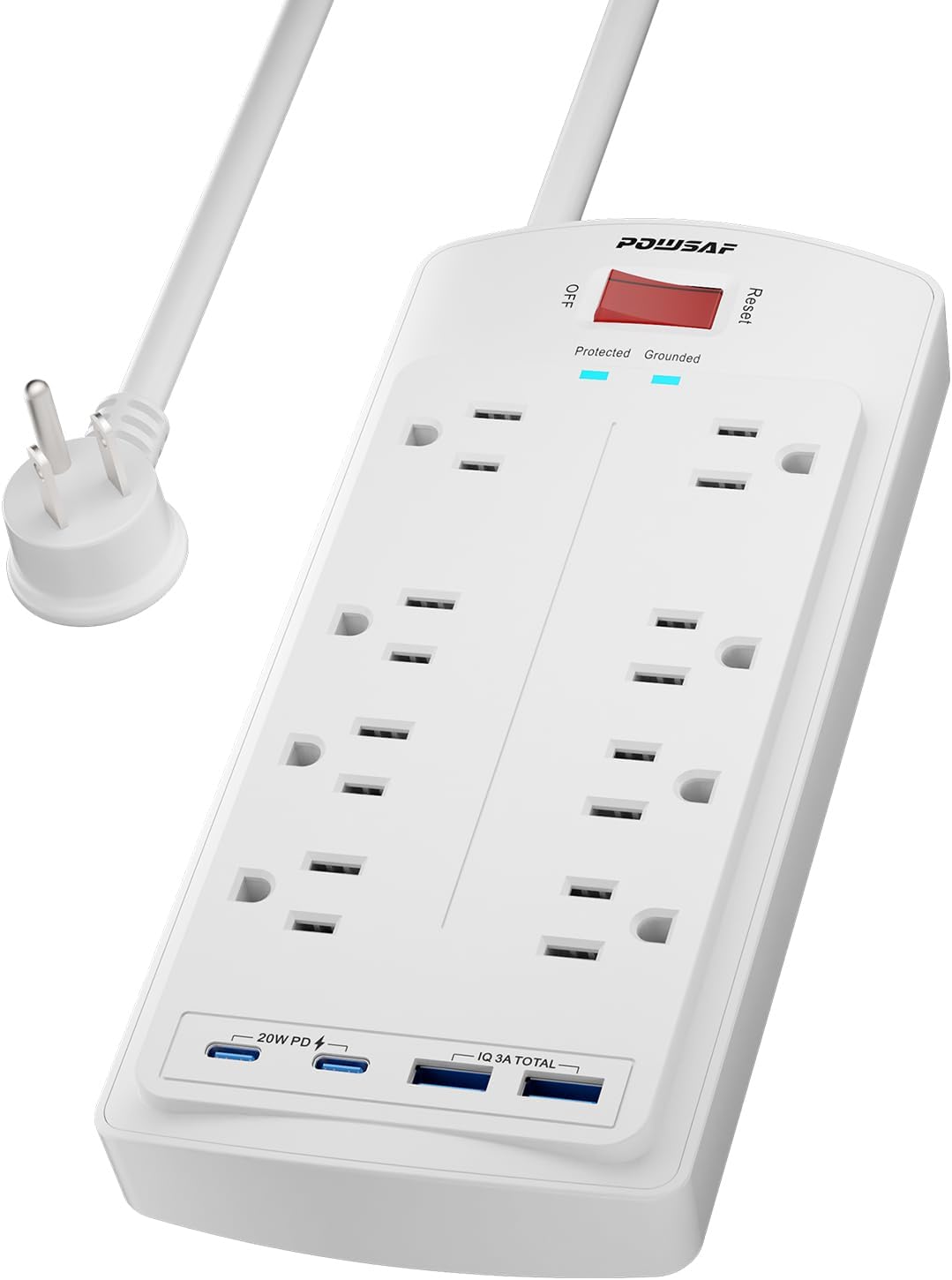 8-Outlet Surge Protector Power Strip, POWSAF 10Ft Flat Plug Extension Cord with 2 USB-C (PD 20W) Fast Charging Ports and 2 USB-A Ports for Home, Office, 2700 Joules, ETL, White
