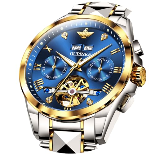 OLEVS Automatic Mechanical Watches for Men Skeleton Tourbillon Tungsten Steel Band Wrist Men's Watch Large Blue Face 50M Waterproof Luminous Mens Watches Luxury Self-Wind Watch for Business & Casual