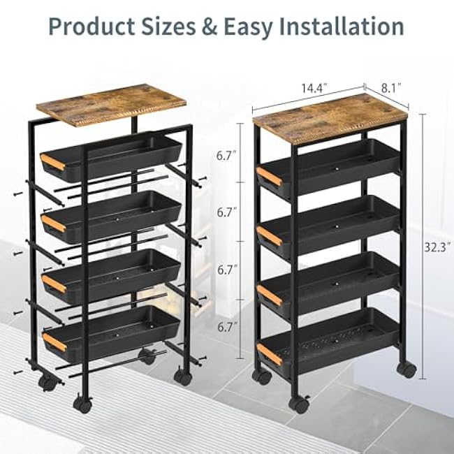 5 Tier Slim Rolling Utility Cart with Drawers Pull-Out Design Slim Storage Cart with Metal Frame and Wooden Top for Narrow Space in Home Kitchen Bathroom Black (Width 8.1 Inches)-spGWbjHj