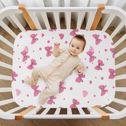 Image of Pink Bows Hearts Pattern Crib Sheets Stretchy Portable Sheets for Baby Toddler Breathable Soft Crib Mattress Sheet for Girls Boys