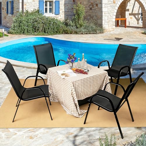 Image of Giantex Patio Chairs Set of 4, Stackable Outdoor Dining Chairs with Breathable & Quick-Dry Fabric & Armrests for All Weather, Lawn, Backyard, Poolside,Porch, Deck, 330 LBS Capacity (Black)