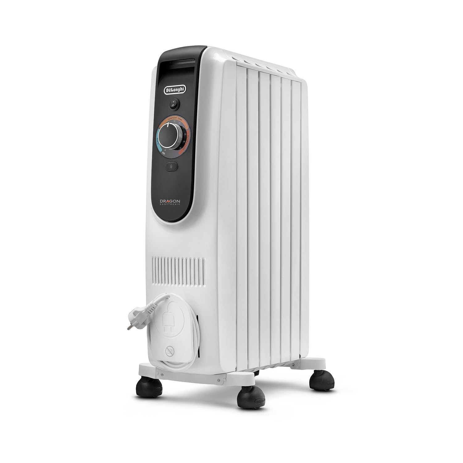 De'Longhi Dragon EasyTronic – Radiador de Aceite para Estancias hasta 45 m³, Calefactor Eléctrico con Termostato de Seguridad, 6 Aletas, Calefacción con 12 Niveles, Portátil, 1500W, Blanco (TRD50615)