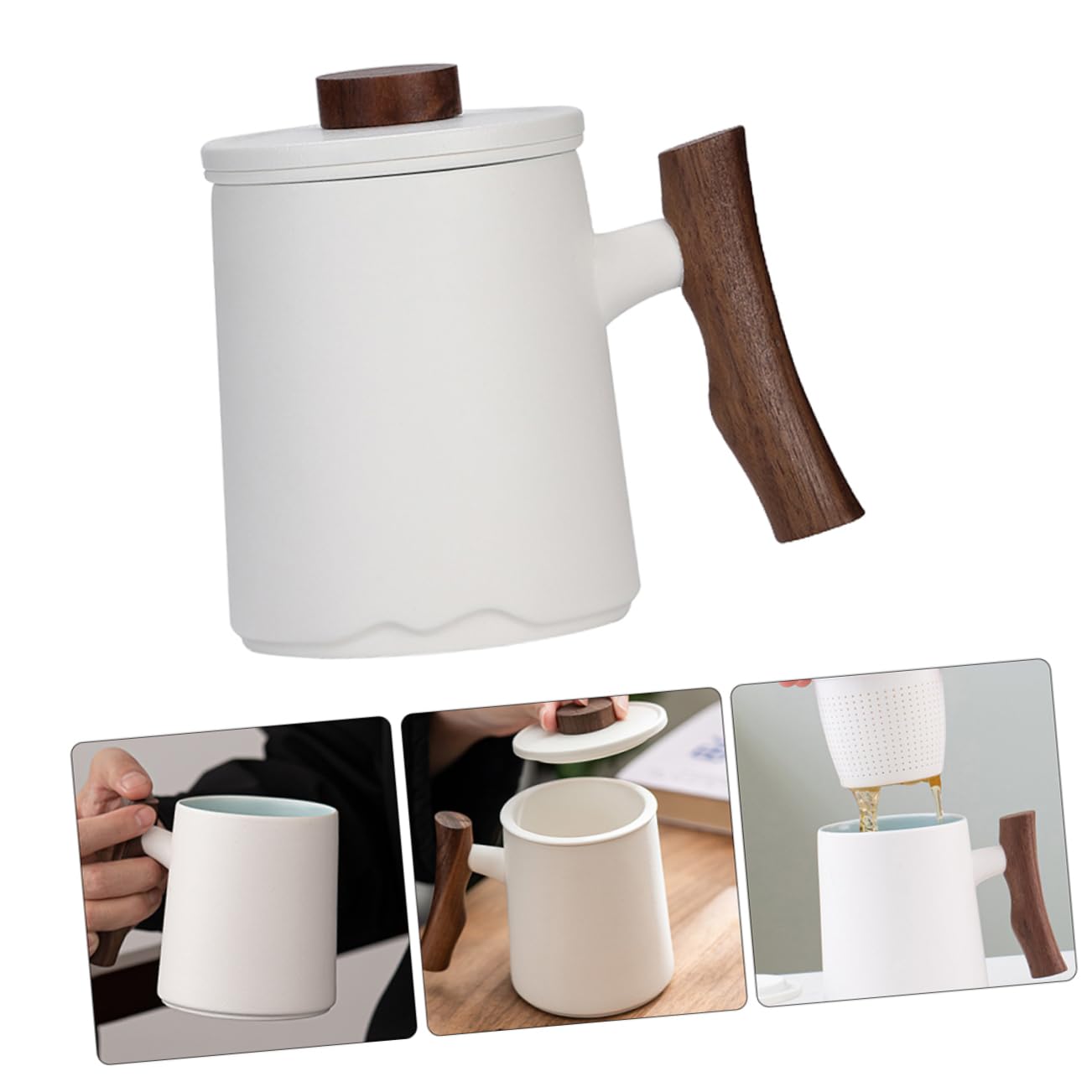 Mug avec Passoire à Thé 360ml en Céramique avec Poignée Bois Blanc