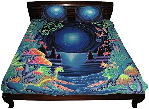 King-Size Bed Set Space Jungle Duvet Cover + 2 Pillowcases, Hand-Painted UV-Active, Trippy, Psychedelic Bedding. Quilt Cover, Bed-Set