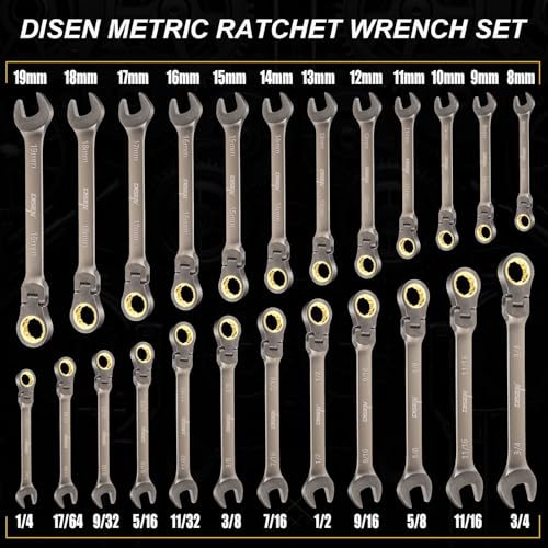 Image of DISEN 24pcs 90-Teeth Ratchet Wrenches Set, Flex Head Ratcheting Wrench Set Metric 8MM-19MM and SAE Wrenches 1 /4 Inch-3 /4 Inch, Nickel Plating Cr-V Constructed with Organizer Rack