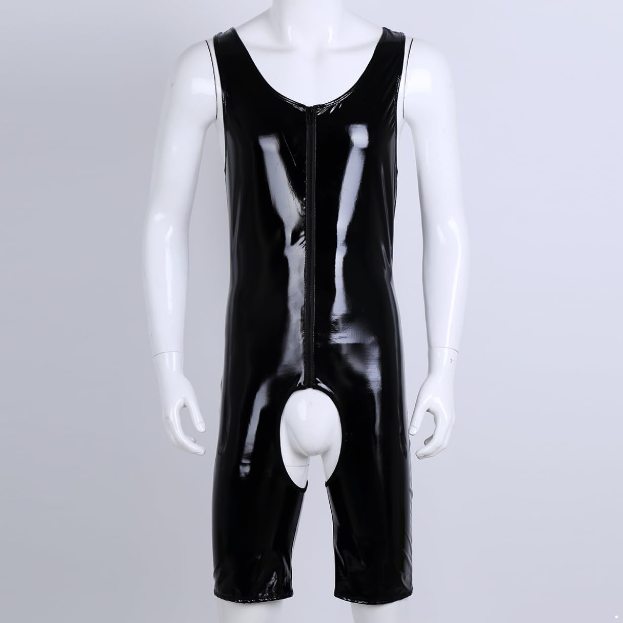 Freebily Homme Erotique Strings sous-vêtements Body Ouvert Zippe Cuir Brillant Extensible Débardeur Bodysuit Jumpsuit Combinaison Leotard Underwear de Nuit Clubwear M-4XL