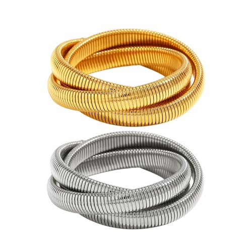 Salircon Gold Bangle Bracelets Set Stackable Gold Stretch Bracelets for Women 2024 Trendy Snake Chunky Gold Bracelet