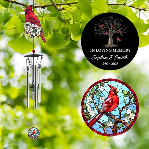 Image of ASTARIN Small Wind Chimes Memorial Personalized, Custom Tree and Cardinal Sympathy Wind Chime, Windchimes in Memory of a Loved One, Remembrance Gifts for Woman