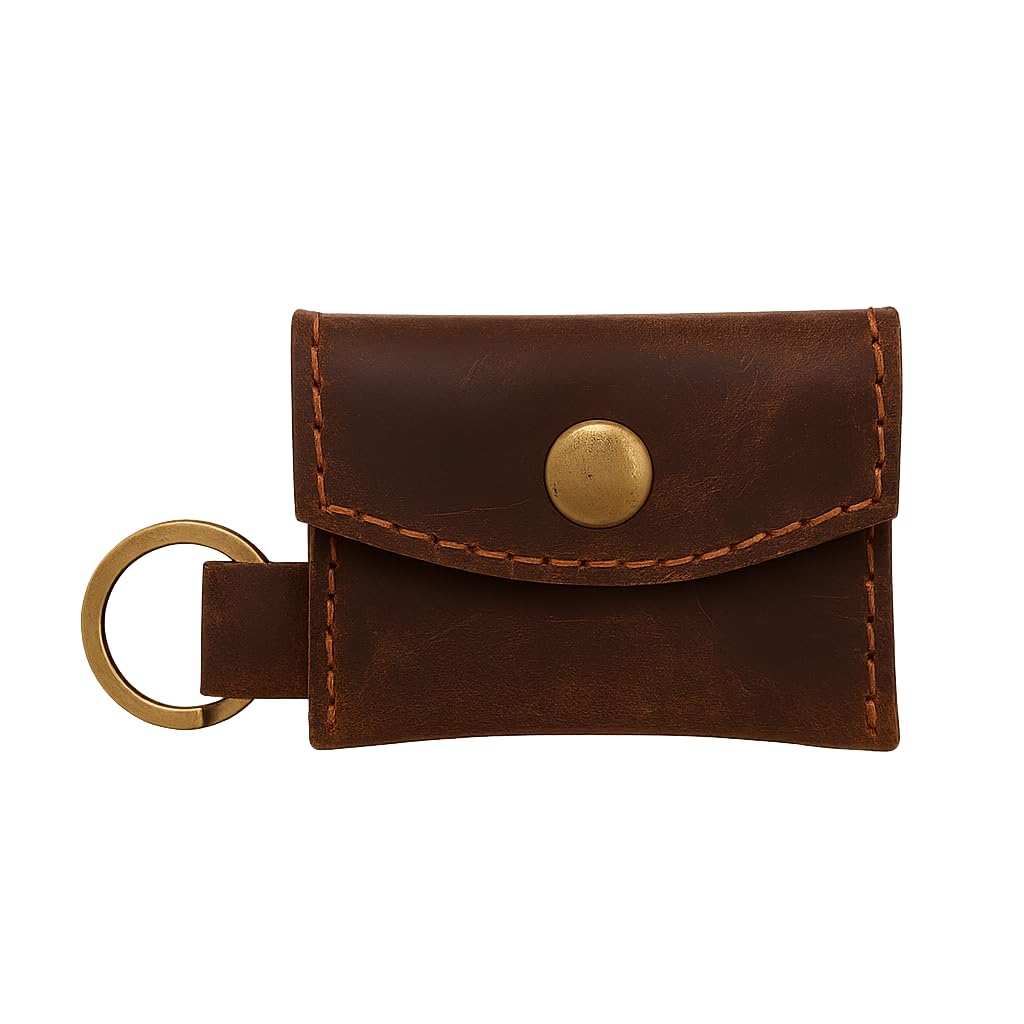 PavinCrafter Leather Coin/Ring Holder Keychain – Mini Pouch with Key Ring, Handmade Small EDC Wallet for Coins, Jewelry, Rings & Keys – Dark Brown