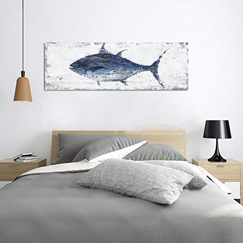 Yihui Arts Canvas Wall Art Hand Painted Abstract Tuna Fish Painting Modern Artwork Coastal Pictures in Blue and White Color for Bedroom Decoration by Yihui Arts - Image 6