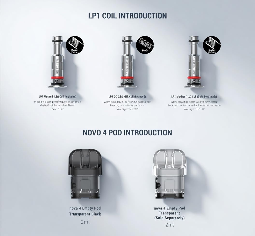SMOK Smok Novo 4 LP1 Mesh Coils, 0.9 Ohm (Pack of 5), Best 15W, Works with  Novo 4 Kit, Novo 4 Mini Kit, Nfix Pro Kit, Vape Coils, E-Cigarettes,  Nicotine Free :