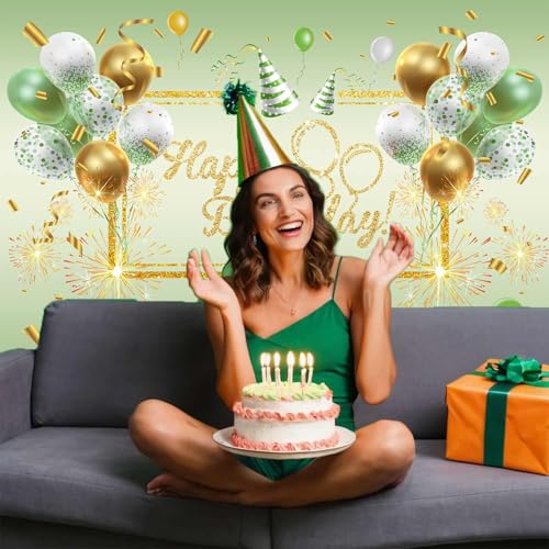 Image of Green Happy Birthday Banner Birthday Backdrop for Girls Women 71 x 43 Inch Greenery Gold Party Photograph Backdrop Decoration Supplies