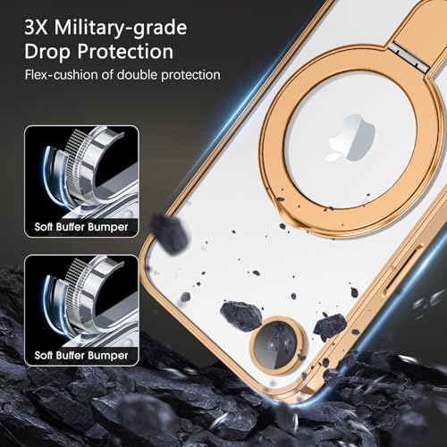 Image of GUAGUA for iPhone 16e Case with Stand, Magnetic Clear iPhone 16e Cases Plating Edge Invisible Ring Holder Slim Shockproof Protective Kickstand Phone Cover for Phone 16e 6.1 inch, Gold