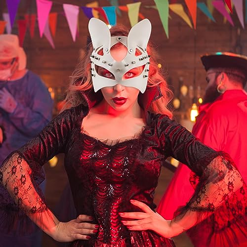 Women Cat Leather Mask Half Face Eyemask Punk Mask Halloween Fancy Dress Eyewear Mysterious Venetian Costume with Tassels for Carnival Night Club Dance Party Makeup Props - Image 2