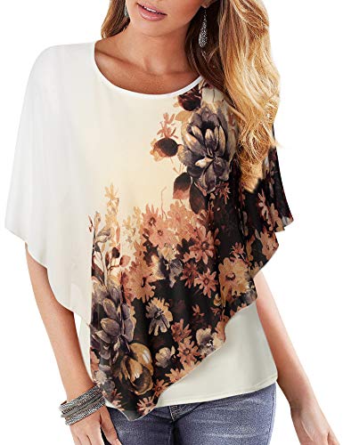 Lotusmile Chiffon Ponchos for Women, Ladies Round Neck Double-Layered Print Chiffon Poncho Blouse Top Bohemian Style Lightweight Semi Chiffon Floral Clothes Daily Wear Blouse Tops (Beige,XX-Large)
