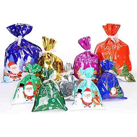FunsLane Bags 36Pcs Different Wrapping Bags in 3 Sizes and 9 Designs, with 36pcs Cards and Ribbon Ties, Upgraded Christmas Goodie Bags for Christmas and Birthday Party Cover