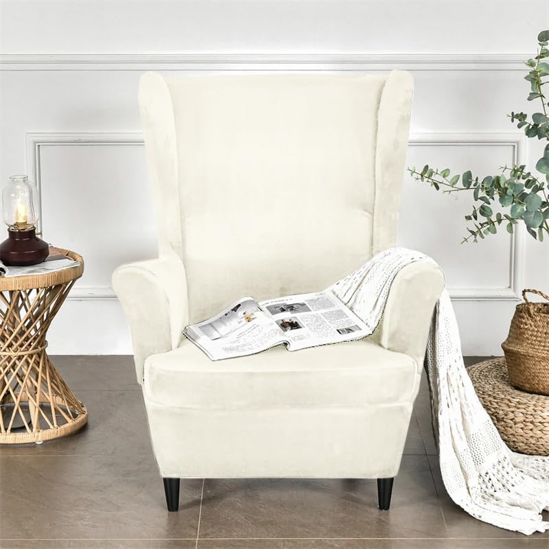 Image of HOKIPO 210 GSM Premium Velvet Stretchable Wingback Chair Cover, Beige (AR-4761-BGE)