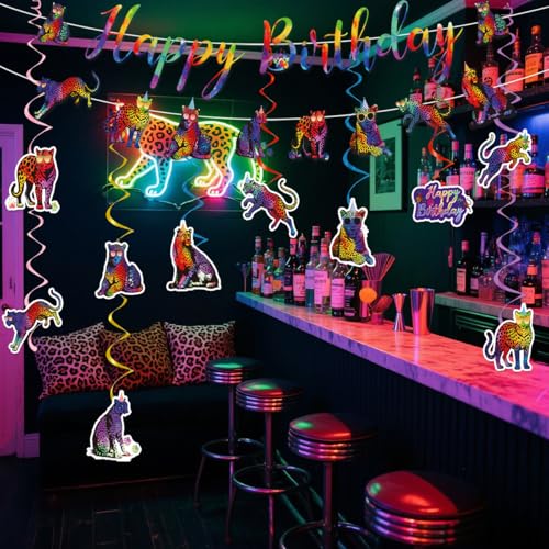 Image of Cheetah Print Birthday Decorations Include Neon Cheetah Happy Birthday Banners Hanging Swirls Jungle Rainbow Leopard Themed Birthday Party Supplies