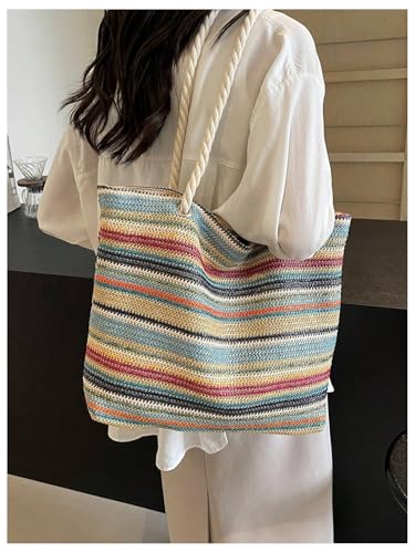 Image of QWINEE Women's Striped Tote Bags Double Handle Large Capacity Lightweight shoulder Handbag