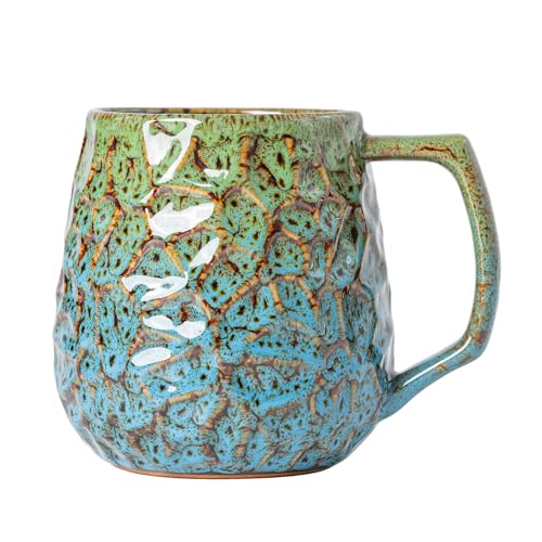 18oz Unique Kiln-Change Ceramic Coffee Mug, Handcrafted Hammered Texture Ceramic Mug with Ergonomic Handle, Microwave & Dishwasher Safe, Gift for Coffee Lovers, Home Office Daily Use (Green & Blue)