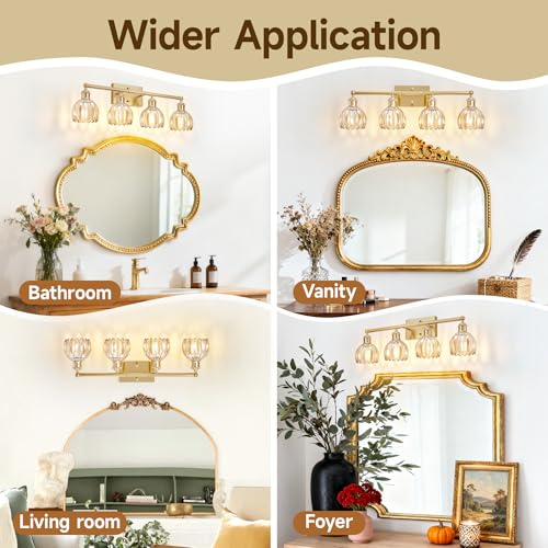 Image of Bathroom Light Fixtures Over Mirror, 27.2 in Vintage Bathroom Light Fixture 4 Light,Antique Brass Wall Sconce with Amber Tulip Glass Shade for Bedroom Living Room,Foyer,Hallway, E26 Base