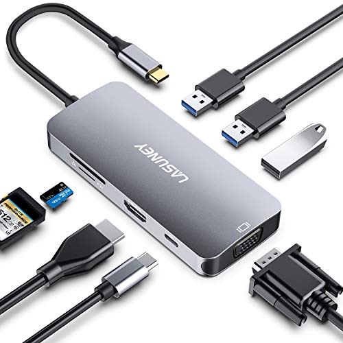 Lasuney USB C Hub, Type C Adapter, 8-in-1 Dongle with USB-C PD 3.0
