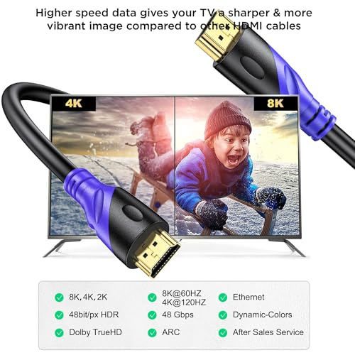 Image of 8K HDMI 2.1 Cable 2M, 8K@60Hz 4K@120Hz Ultra HD Cable High-Speed Lead 48Gbps，Supports eARC HDR10 HDCP 2.2 /2.3, Compatible with all HDMI devices PC /TV /HDTV /Blu-ray