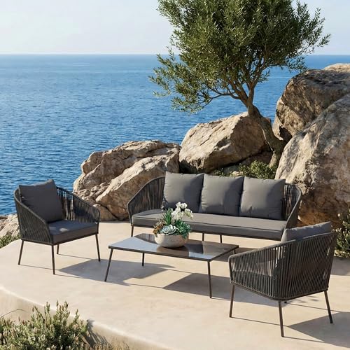 Image of OUTLIVING Outdoor Sofa Set | Balcony Sofa | Patio Furniture Sets | Conversation Sets | Braid & Rope Garden (5 Seater- Grey.)