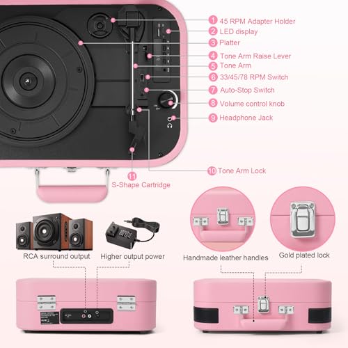 Image of VINYLS LINK Vinyl Record Player 3 Speed Bluetooth Turntable Belt Drive LP Play Portable Suitcase Record Player Built-in Speaker with EQ Mode USB Recording RCA Output /AUX Input Headphone Jack Pink