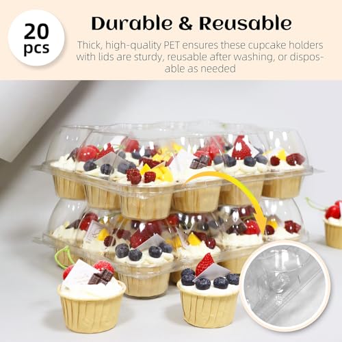 Image of WIKDAY 12 Count x 20 Sets Plastic Cupcake Containers, Durable and BPA-Free Cupcake Holder with Lid for Easy Transport Storage, Stackable Clear Cupcake Carriers, Reusable Dessert Boxes