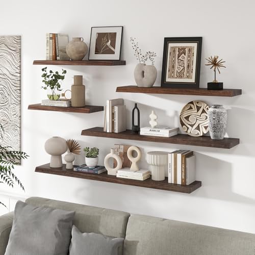 Image of RICHFOCUS Live Edge Elm Floating Shelves - 40 inch W x 9.3 inch D Rustic Solid Wood Wall Shelves with Invisible Bracket, Wall-Mounted for Living Room, Bedroom, Kitchen Storage & Display, Set of 2, Walnut