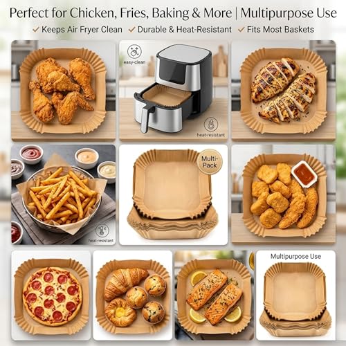 Image of 100 PCS Air Fryer Disposable Paper Liners | 8 Inch Square Parchment Sheets | Oil-Proof & Non-Stick, Heat Resistant Baking Paper for Air Fryer, Microwave, Roasting & Cooking| Pack of 1