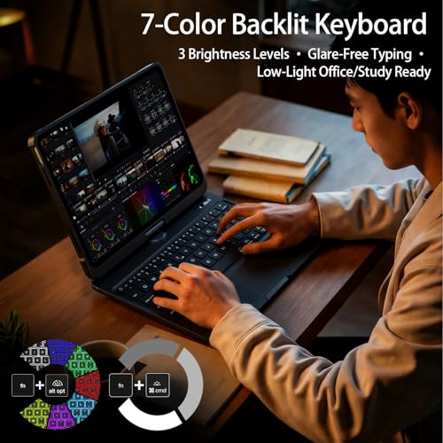 Image of Keyboard Case for Air 13 Inch M4 /M3 /M2 2026 /2025 /2024 & iPad Pro 12.9 inch 3-6 Gen, iPad Case with Keyboard Multi-Touch Trackpad, 360 Rotating Stand, 7-Color 3-Level Backlit, Pencil Holder, Black
