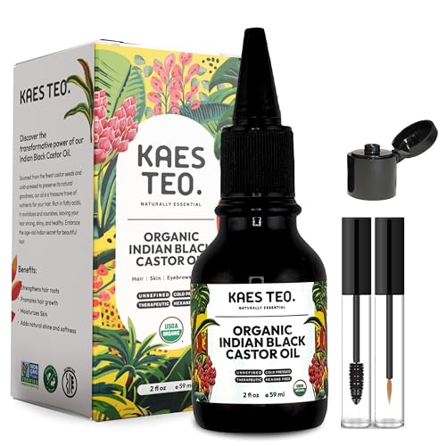 Kaes Teo Organic Black Castor Oil for Hair Growth - Not Jamaican Black Castor Oil, 100% Pure Cold Pressed Hexane Free - USDA Certified, Skin, Nail, Scalp, Face, Thicker Eyebrows, Lashes 2 Fl Oz