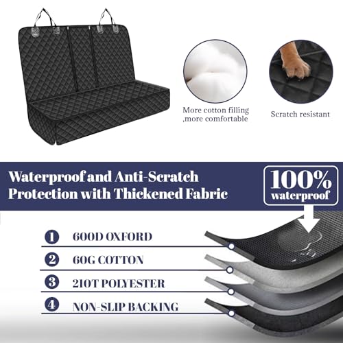 Hundedecke Auto Rückbank, Autoschondecke Hund Rücksitz mit 1 Elastischen Hundesitzgurt, 135x120cm, Kratzfest Wasserdicht, Universelle Passform Hund Rücksitzbank für Nahezu Alle LKWs PKWs SUVs JEEP