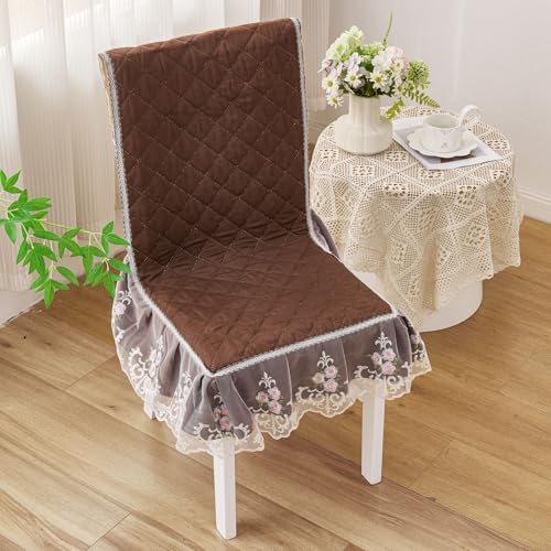 Image of HOMETHREADS Vintage Dining Chair Protector Cover, Quilted Cotton with Lace Frills, Easy Slip-On Design, Protects Seat & Backrest While Keeping Chair Visible, Washable & Reusable, Coffee (Pack of 1)