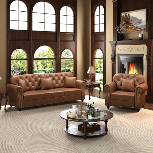 Image of KEIKI 2-Piece Chesterfield Sofa Set with 1 Faux Leather 3-Seater Sofa & 1 Single Sofa, Upholstered 4-Seater Couch Set with Nailhead Trim & Rolled Arms & 1 Ottoman & 4 Pillow, for Living Room, Brown
