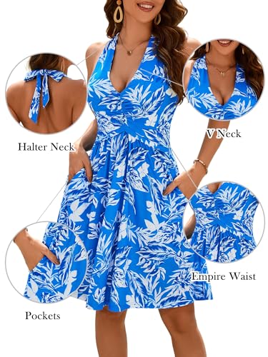 Image of ZABERRY Women Summer Sundresses Halter Neck Deep V Tie Backless Floral Ruched Vacation Beach Dresses 2025 with Pockets