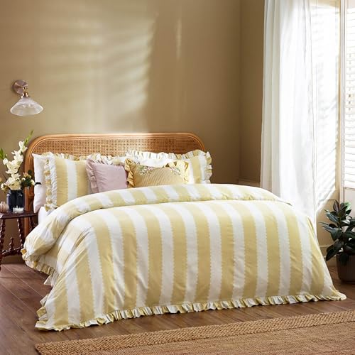 Wylder Birdie Stripe Juego De Funda Nórdica – Reversible con Volantes Algodón Rico A Rayas Ropa De Cama (Amarillo Mantequilla - 200x200cm)