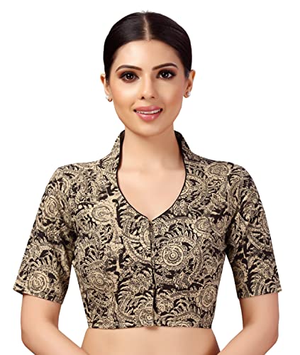Image of Studio Shringaar Women Cotton Kalamkari Printed with Elbow Length Sleeves Readymade Saree Blouse