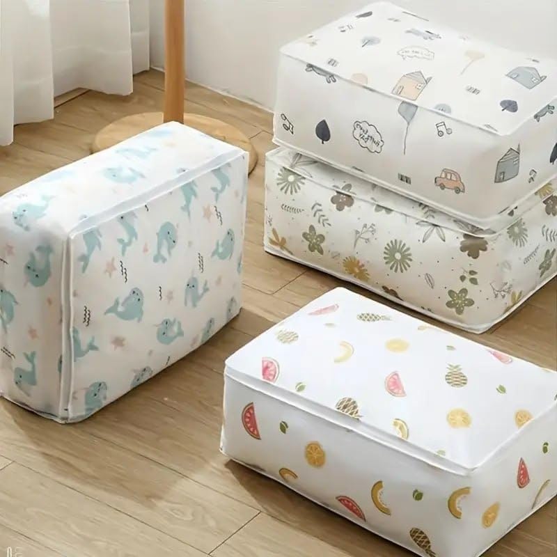 Blanket Storage Bag Under-Bed Quilt Clothes Storage Bag with Peva Material Washable Waterproof Foldable Transparent Printed Cover (Multi-Design, pack of 3) (58x40x22 cm), nylon-image-45