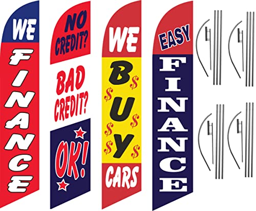 Global Advertising Solutions We Finance Easy Finance We Buy Cars Sale No Credit Bad Credit ok Red Blue Yellow Feather Flag Eye Catching Banner Sign for Business Marketing and Advertising Complete Set with 15 ft four Pole Kit and four Ground Spike