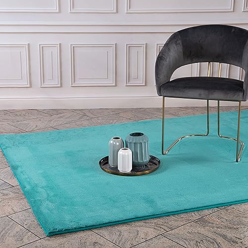 Hochflor Teppich Wohnzimmer - Einfarbig Petrol - 80x150 cm - Super Soft Polyester,...