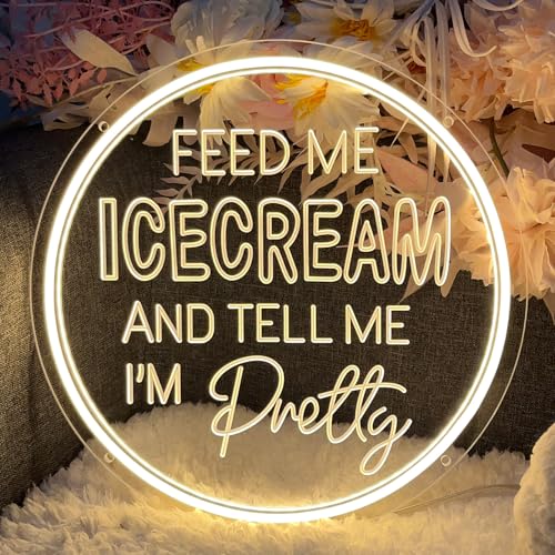 Image of Neon Sign Feed Me Icecream & Tell Me I'm Pretty Wall Decor 3D Art Carving Design Indoor Bedroom Led Neon Sign Backdrop Flex Christmas Business Room Shop Window Birthday Gift(Warm White,USB,30x30CM)