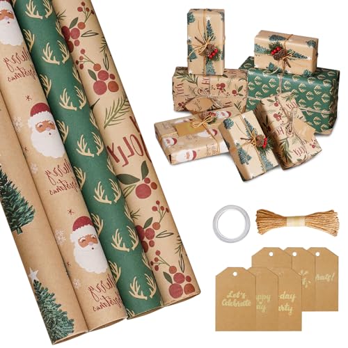4 Geschenkpapier Weihnachten Rolle, 43cm X 3m Kraft Geschenkpapier Kinder Geburtstag Rollen Mit 10m Hanfseil, Weihnachtspapier Rolle, Christmas Wrapping Paper, Für Weihnachtsfeier Geschenkverpackung