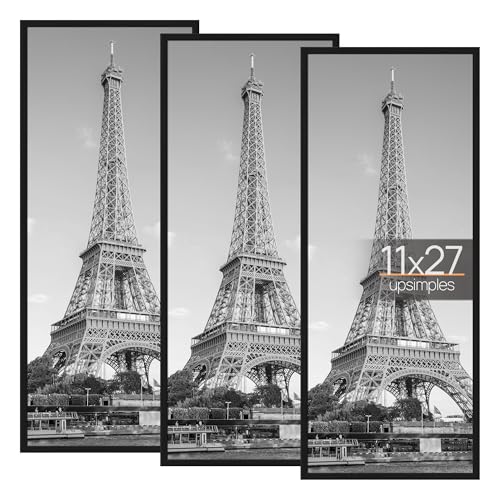 Image of upsimples 11x27 Picture Frame Black 3 Pack, Scratch-Proof Picture Frames 11 x 27 for Photo Gallery - Slide-in Strips, Horizontal or Vertical Wall Mounting