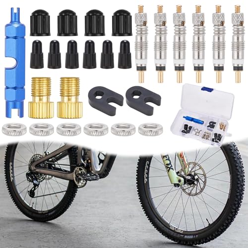 27 Piezas Obus Valvula Presta, Kit de para Reparación de Válvulas de Bicicleta, Núcleos de Válvula Presta, Llave Extractora, Tapones y Adaptadores para MTB y Bicicletas