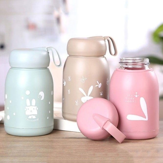 Image of Teddy Glass Water Bottle, 330ml - Cute Rabbit Design with Silicone Carry Loop & Airtight Lid | Portable Wide Mouth Glass Sipper for School, Office, & Travel |Random Colour