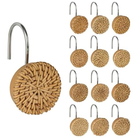 Sunlit Boho Decorative Shower Curtain Hooks, Woven Wicker Ratten Shower Curtain Rings for Bathroom, Farmhouse Shower Curtain Hangers Bathroom Accessories, Set of 12 Cover